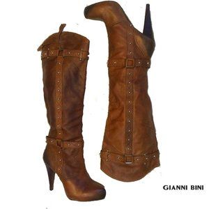 GIANNI BINI Leather Studded Tassel Heel Boots 9.5